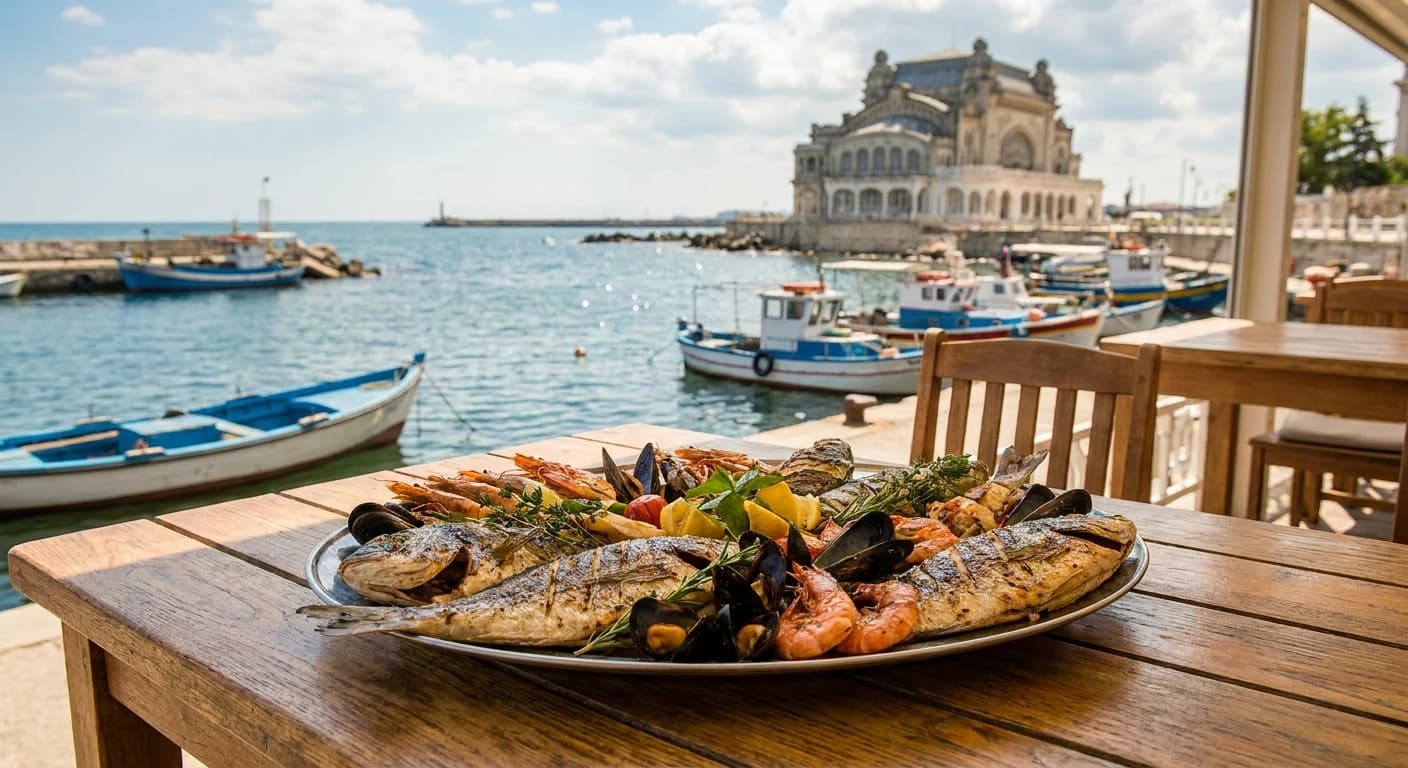 Fresh Black Sea seafood platter at a waterfront restaurant in Constanța