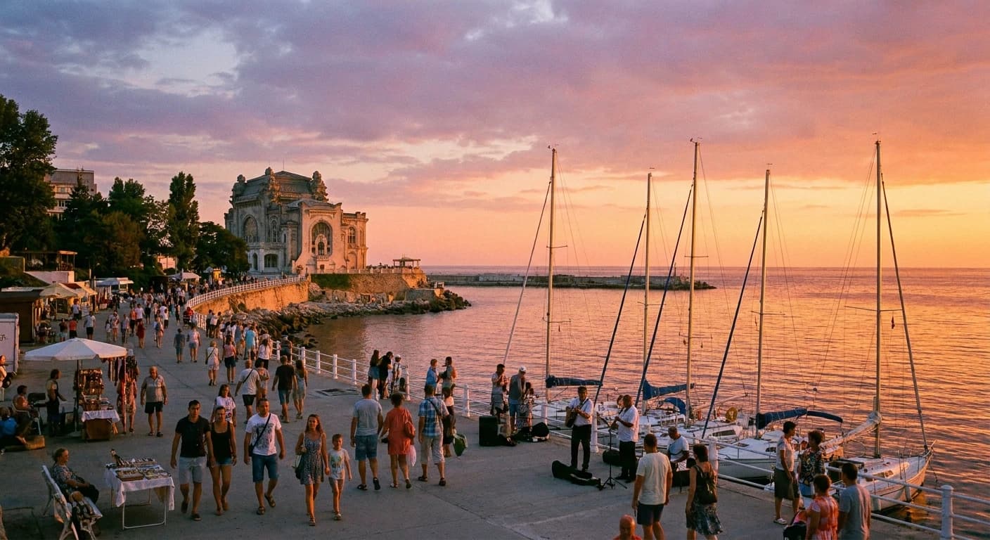Black Sea marina and waterfront promenade in Constanța at sunset