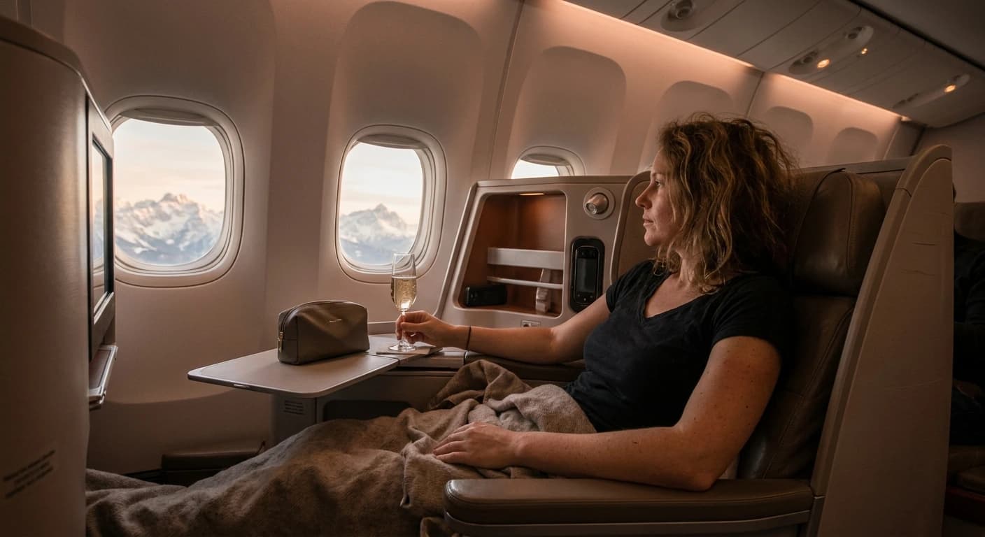 Lie-flat business class cabin with premium Italian-inspired amenities for flights to Cortina d'Ampezzo