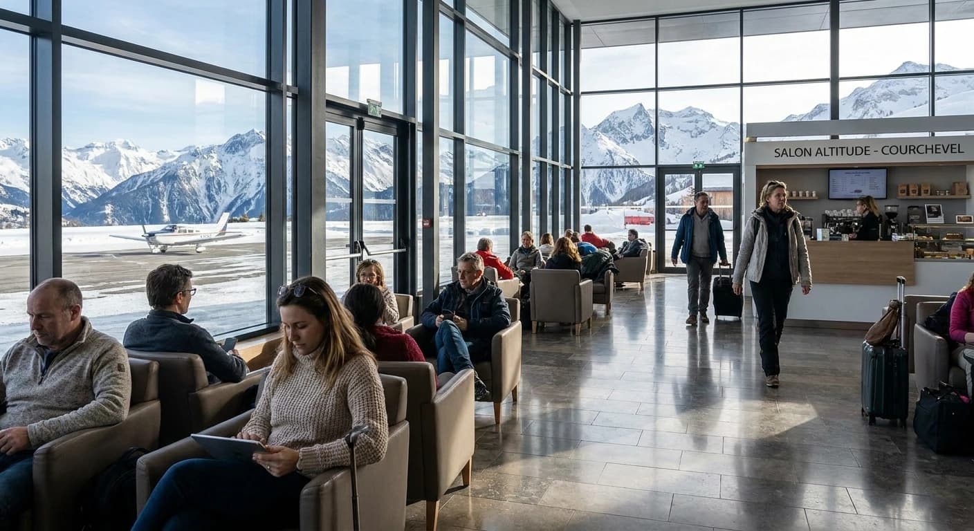 Premium arrivals terminal at Geneva International Airport with mountain backdrop