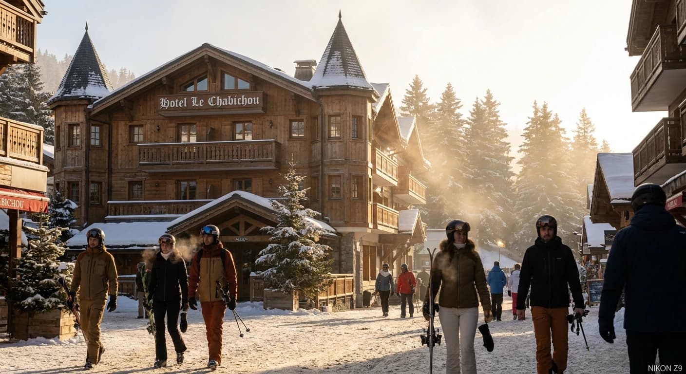 Pristine alpine ski slopes and luxury chalets at Courchevel 1850 at golden hour