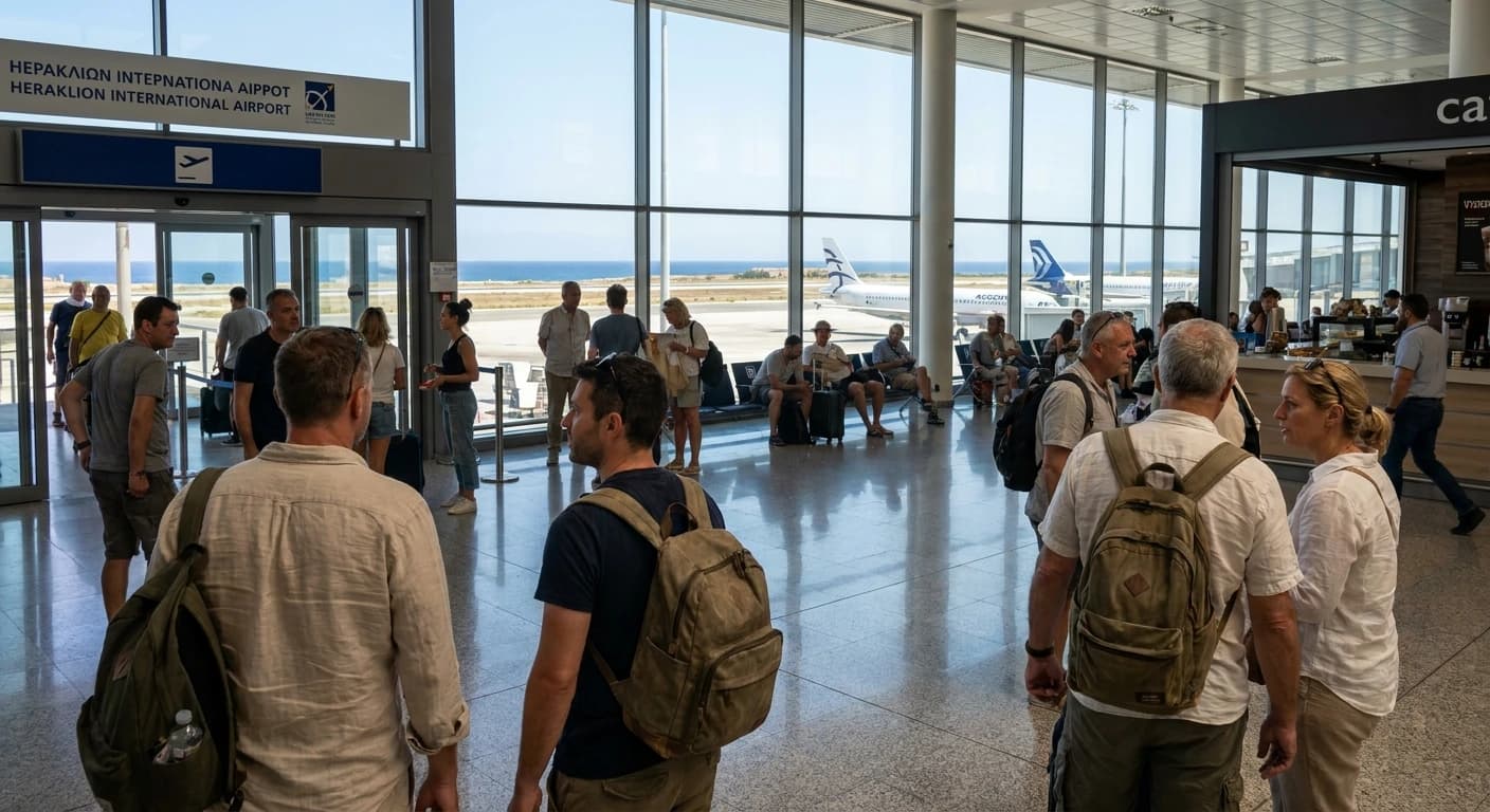 International arrivals terminal at Heraklion Airport in Crete, Greece
