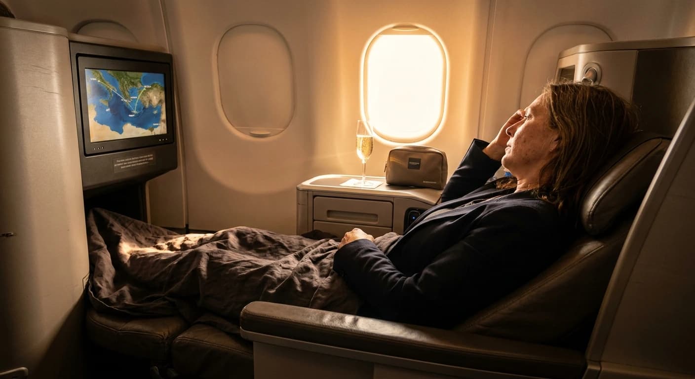 Business class lie-flat cabin with premium amenities on a flight to Crete