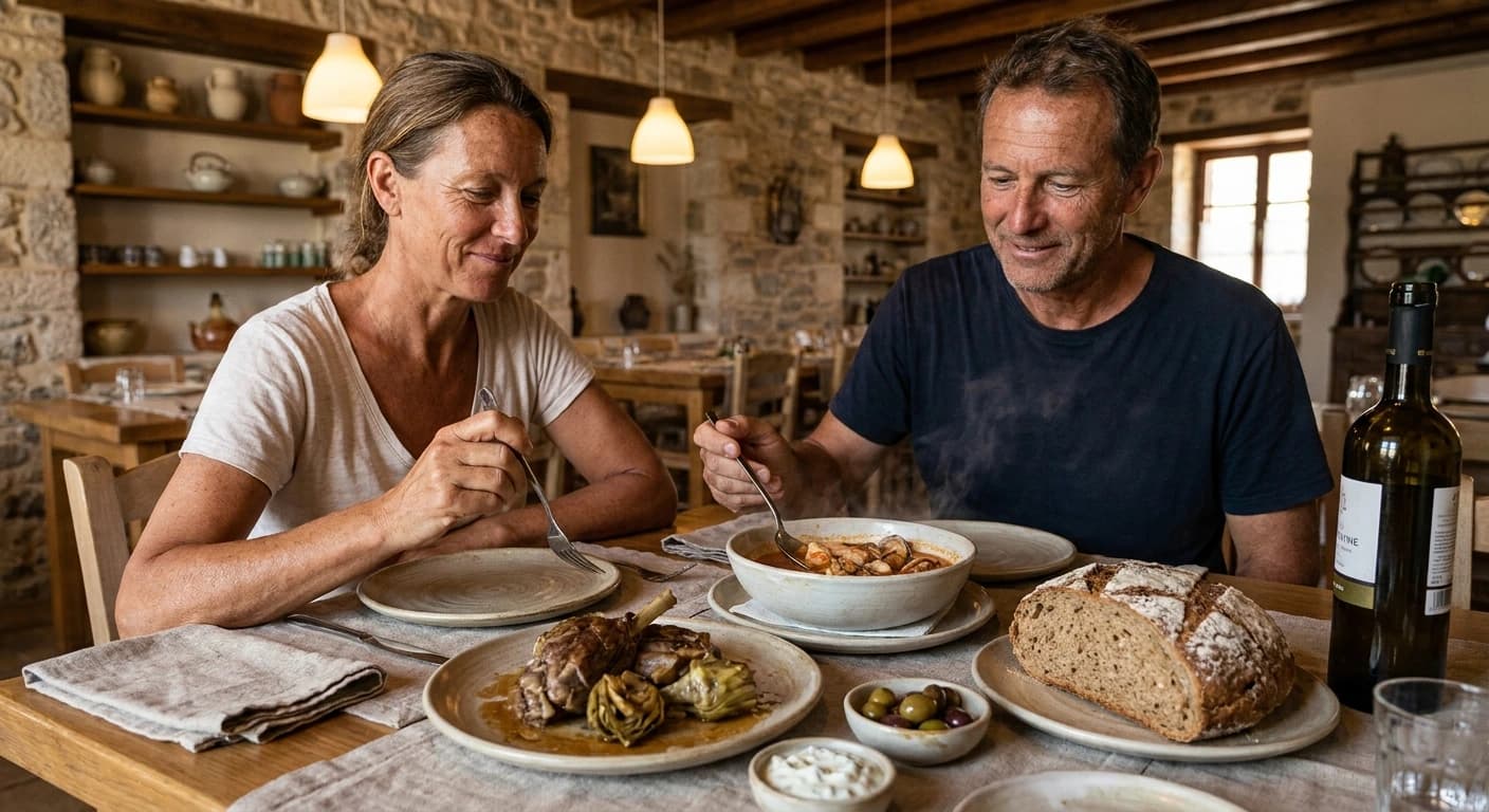 Fresh Mediterranean seafood and traditional Cretan cuisine served at a harbor restaurant