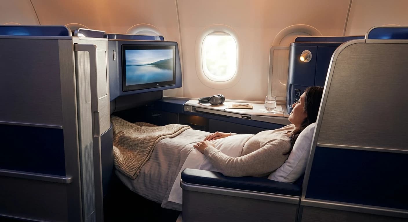JetBlue Mint business class suite with lie-flat bed and sliding privacy door