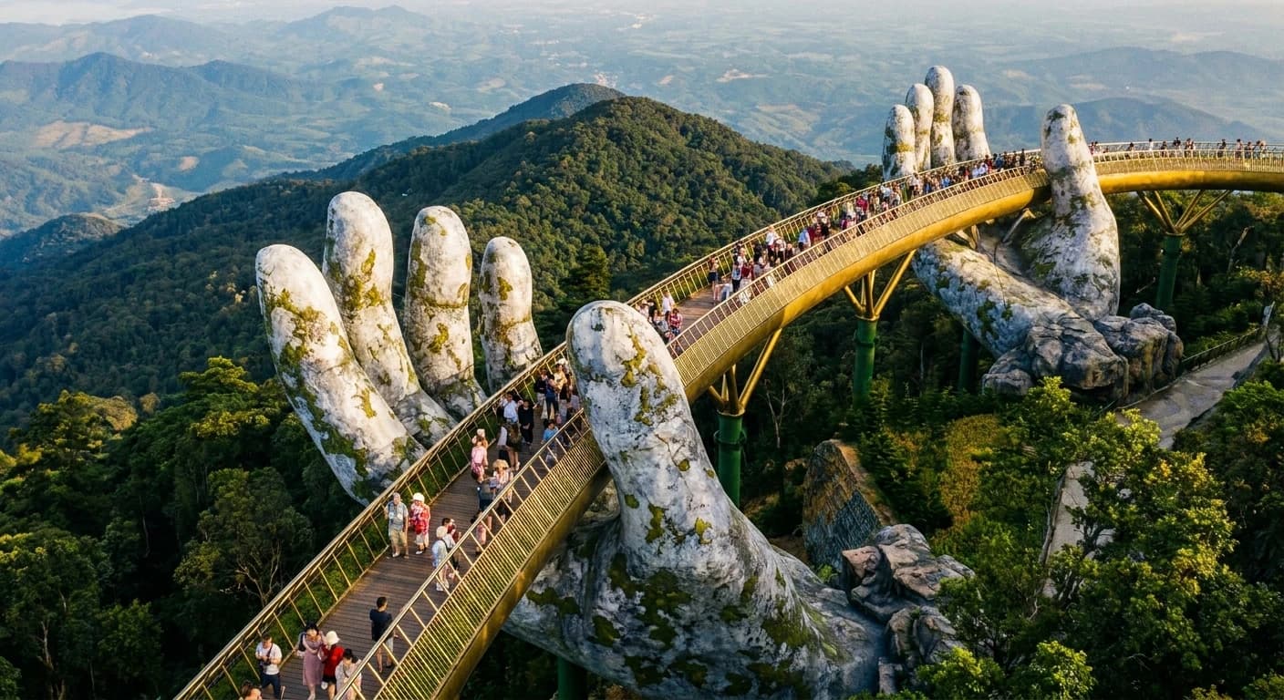 The iconic Golden Bridge held by giant stone hands at Ba Na Hills, Da Nang