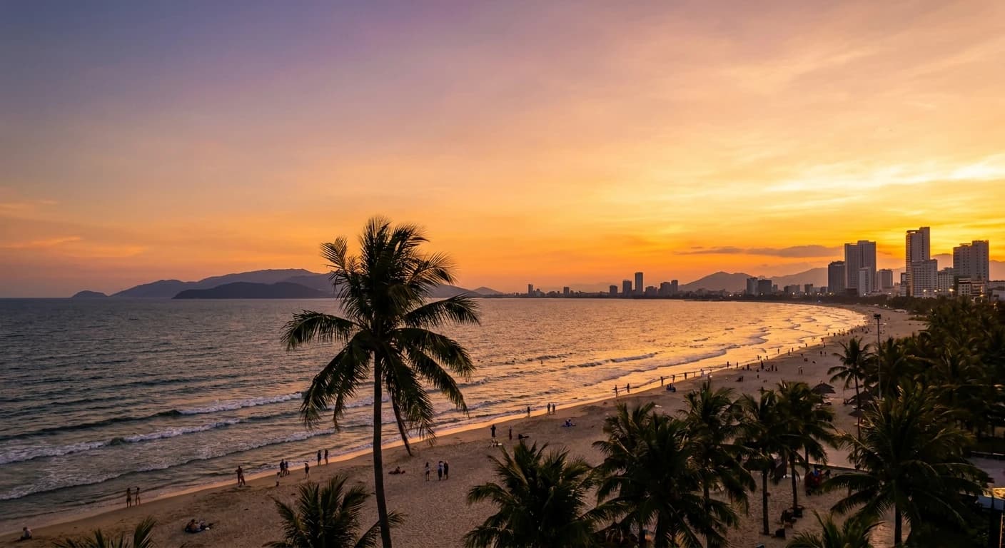 My Khe Beach stretching along Da Nang's coastline at sunset
