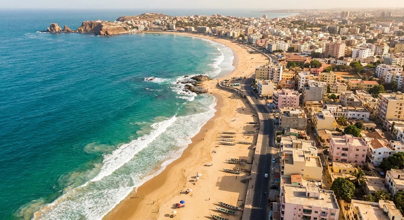 Aerial view of Dakar coastline with turquoise Atlantic waters and sandy beaches
