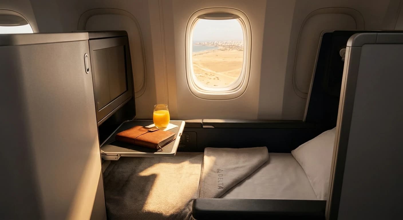 Delta One business class suite with privacy door and lie-flat bed on Dakar route