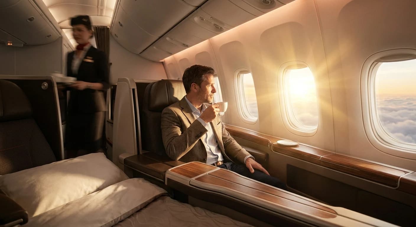 Business class cabin on a long-haul flight to Dalian
