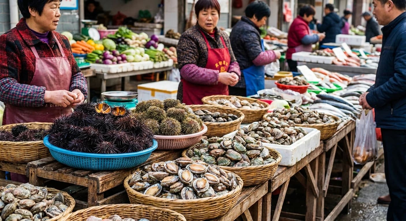 Fresh Dalian seafood including sea urchin and abalone
