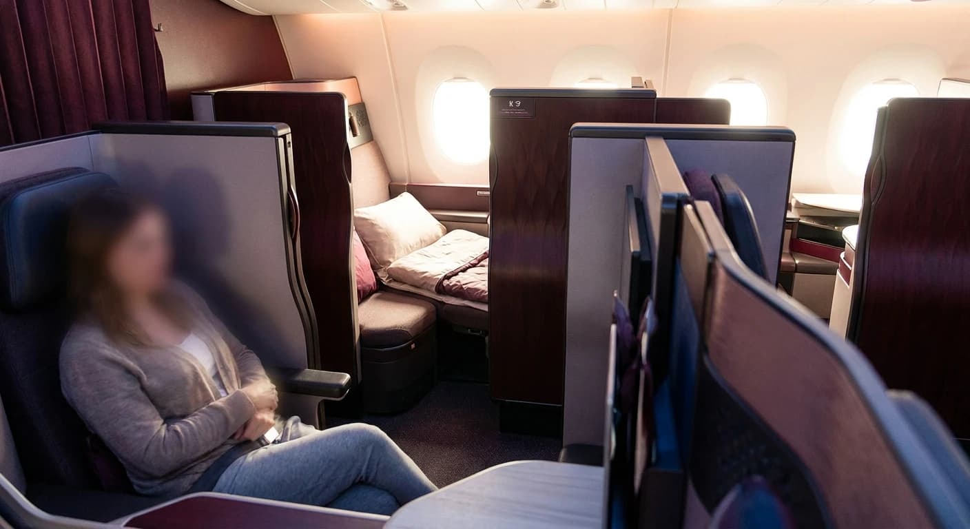 Qatar Airways Qsuite business class cabin with privacy doors and lie-flat bed