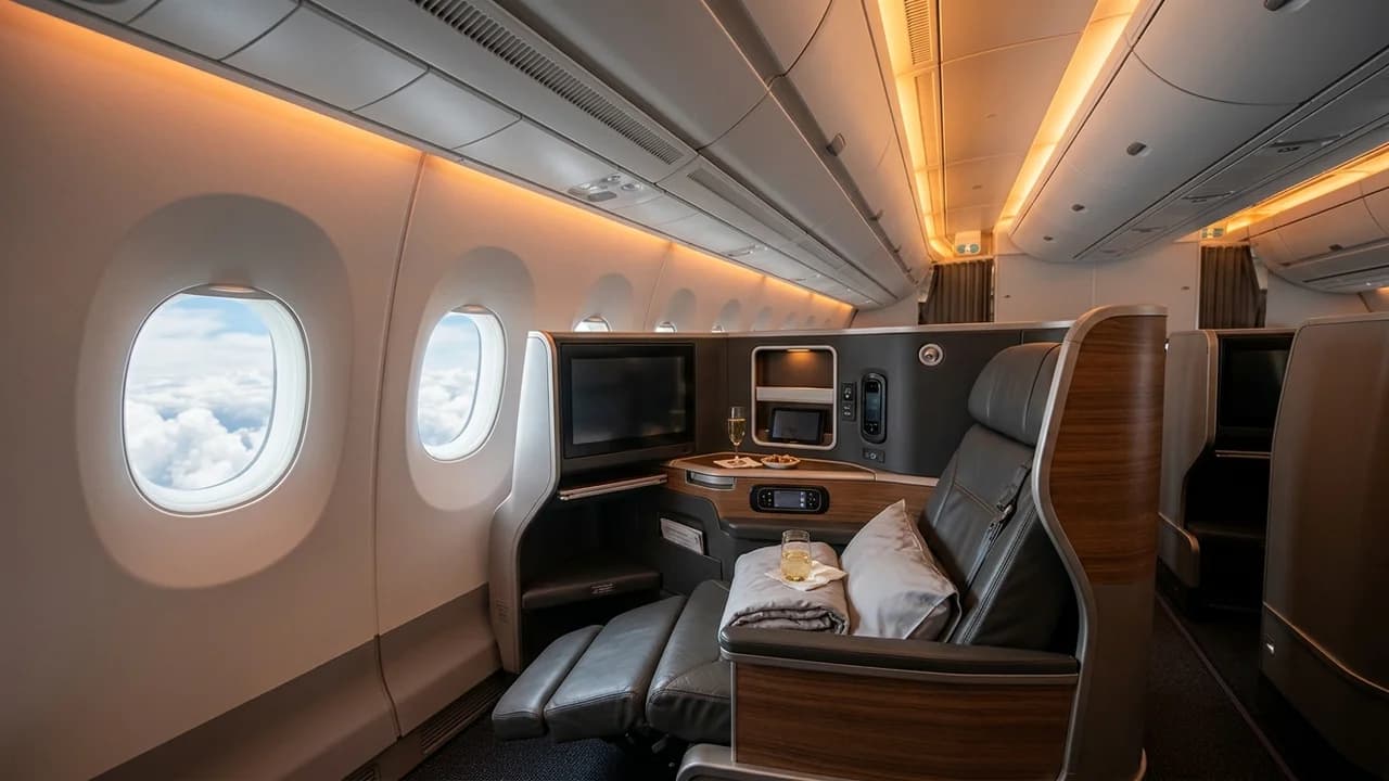 Qatar Airways business class cabin with lie-flat suite and premium amenities