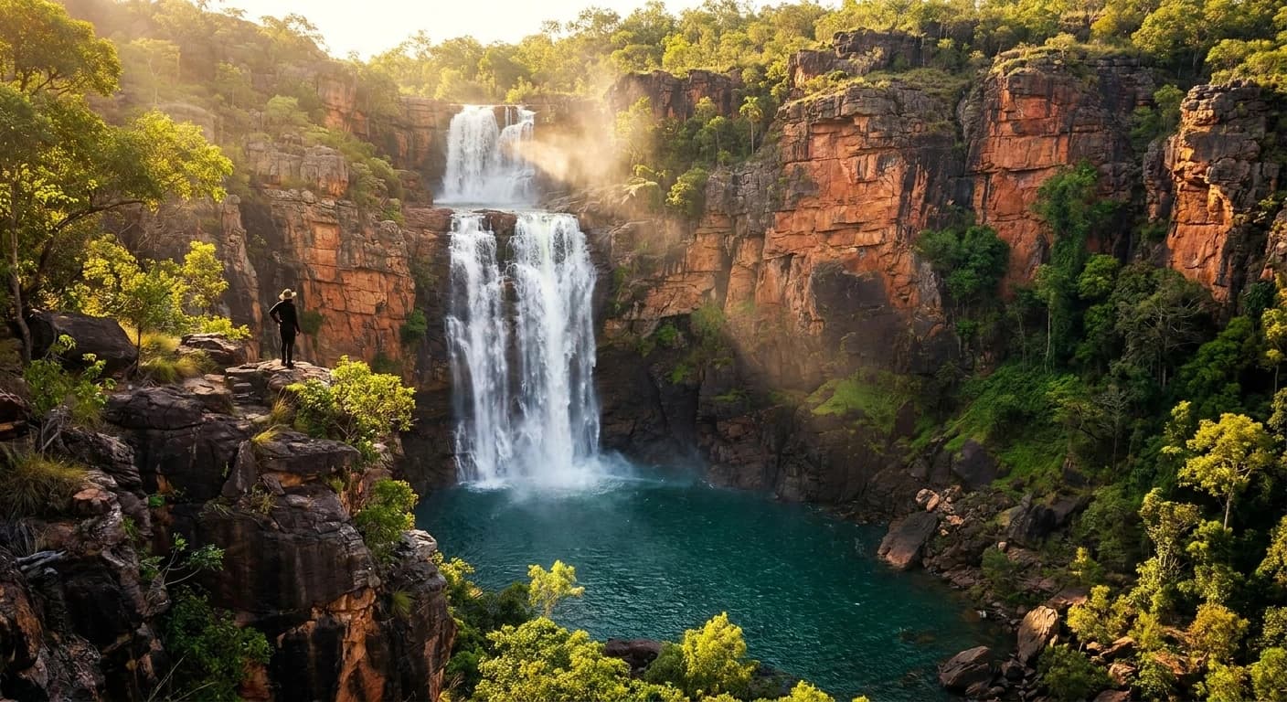 Dramatic waterfall cascading into a rock pool in Kakadu National Park