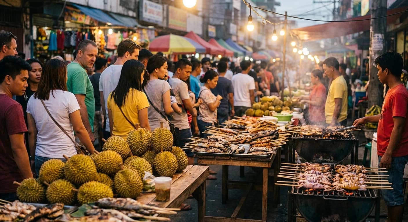 Fresh durian and grilled seafood at Davao's vibrant night market scene