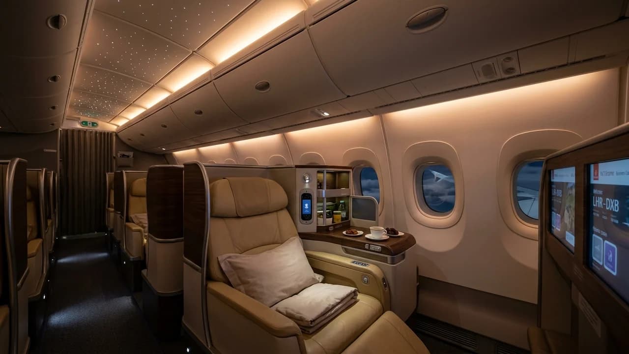 Emirates business class cabin with lie-flat suite and premium amenities