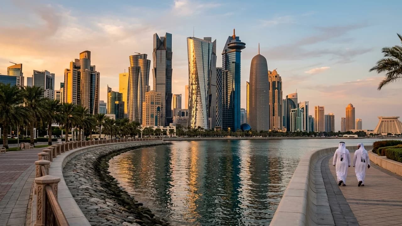 Iconic landmark in Doha, Qatar at golden hour