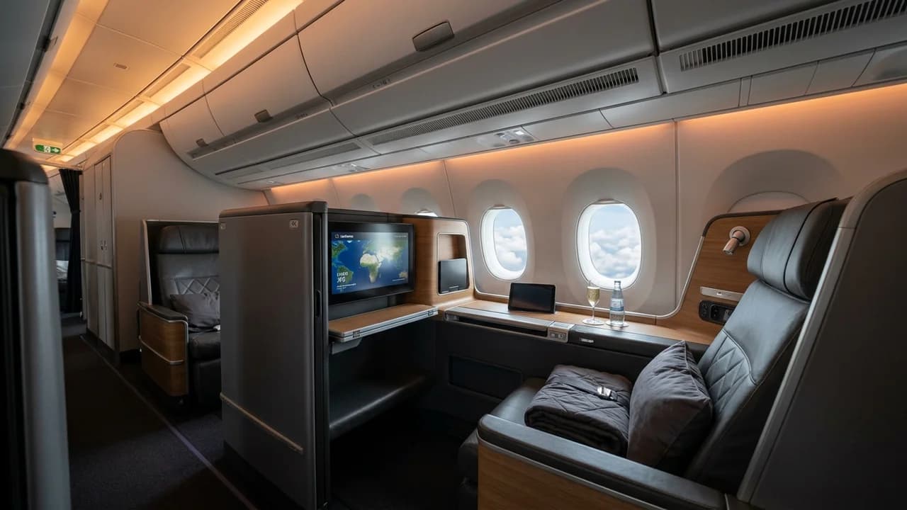 Qatar Airways business class cabin with lie-flat suite and premium amenities