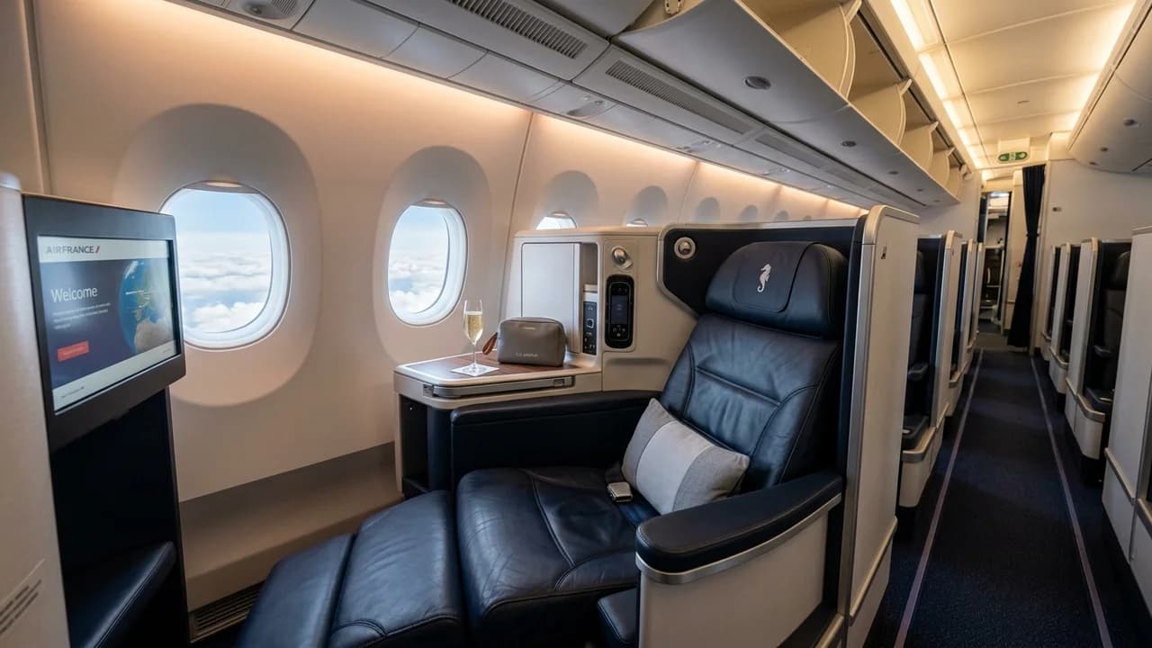 Air France business class cabin with lie-flat suite and premium amenities
