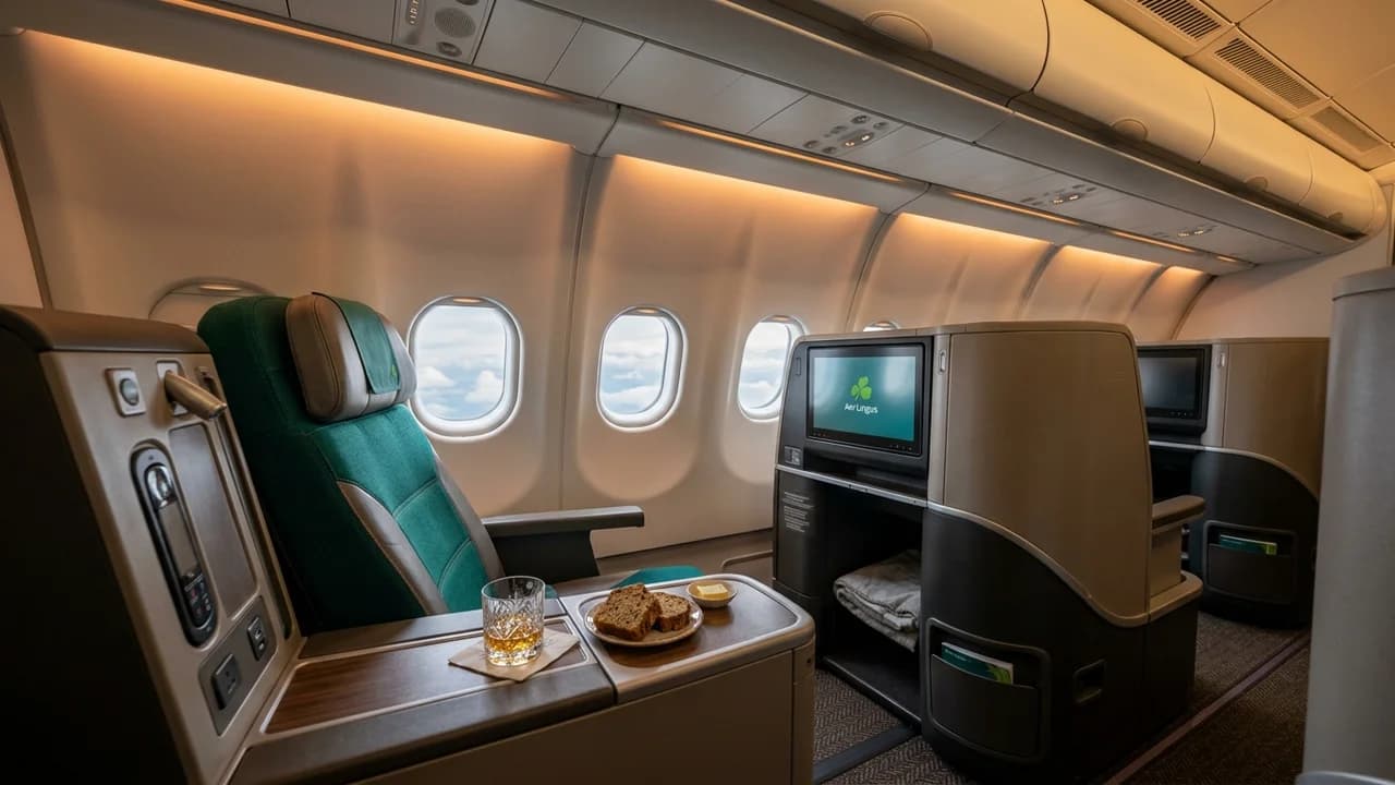 Aer Lingus business class cabin with lie-flat suite and premium amenities
