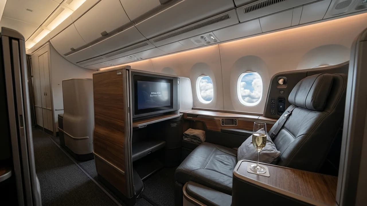 Croatia Airlines business class cabin with lie-flat suite and premium amenities