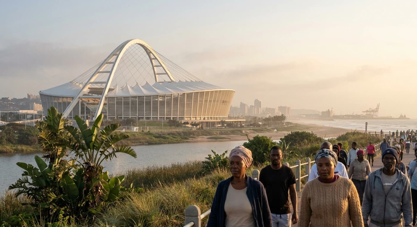 Golden Mile beachfront Durban with Indian Ocean waves and city skyline