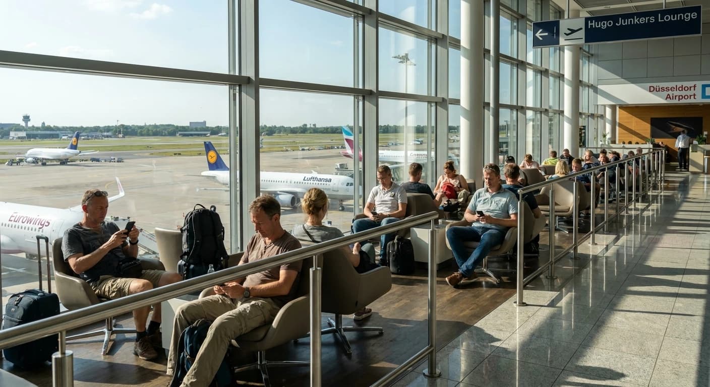 Modern international terminal interior at Düsseldorf Airport with SkyTrain connection