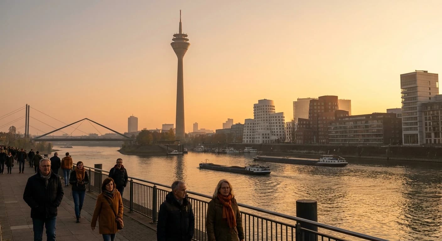Iconic Königsallee boulevard and Rhine Tower skyline in Düsseldorf at golden hour