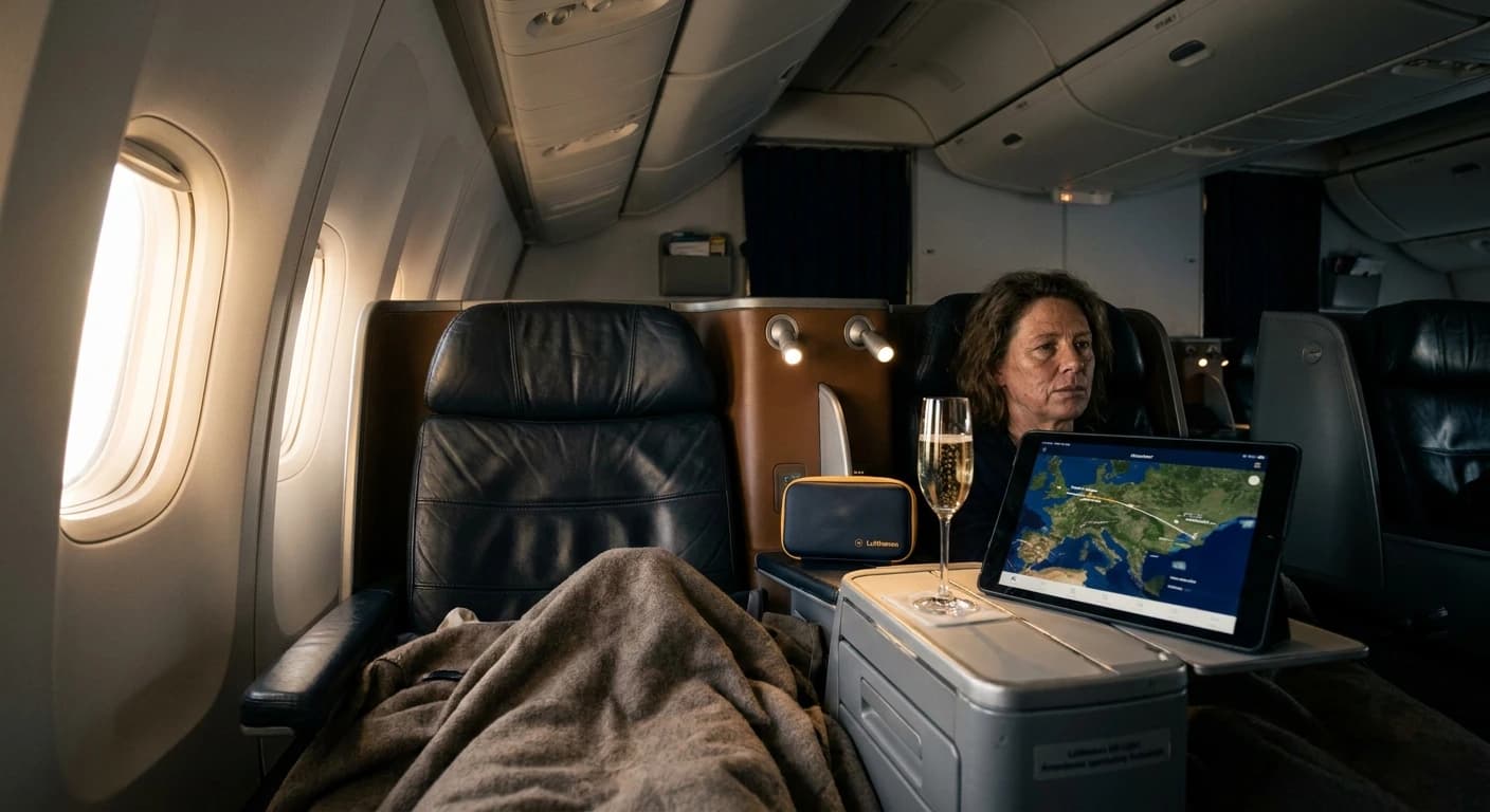 United Polaris business class cabin with lie-flat suite and premium amenities