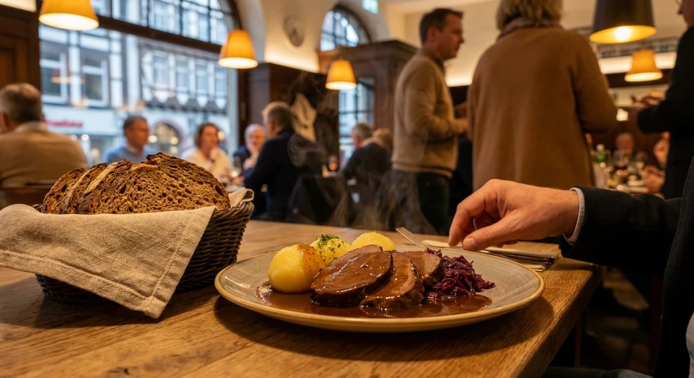 Traditional Altbier and Rheinischer Sauerbraten dining experience in Düsseldorf Altstadt