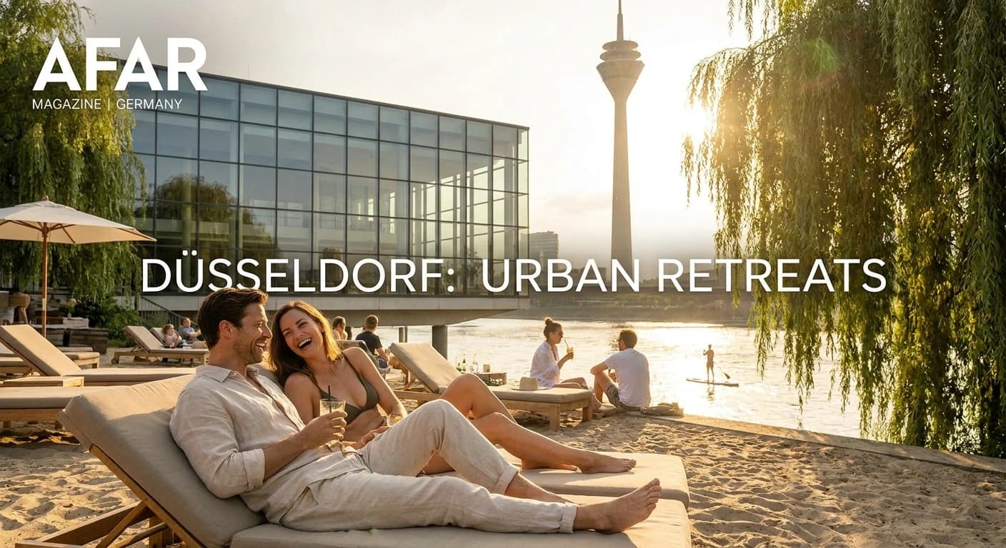 Luxury shopping and leisure on the Königsallee canal boulevard in Düsseldorf