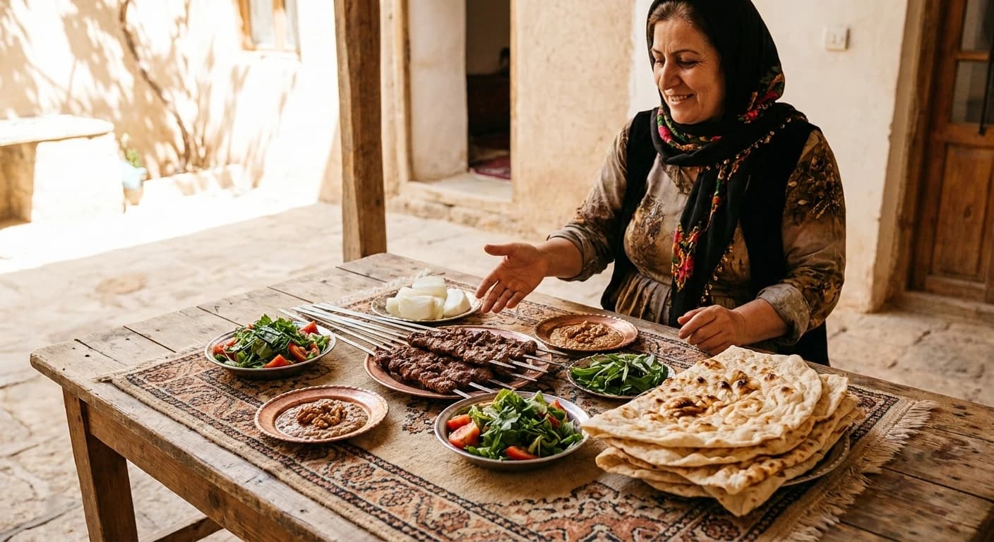 Traditional Kurdish cuisine with kebabs and flatbread