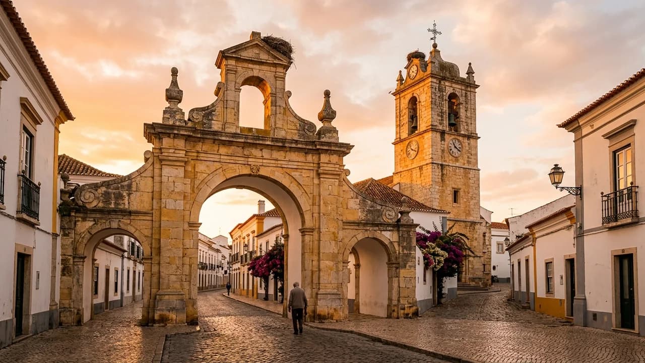 Iconic landmark in Faro, Portugal at golden hour