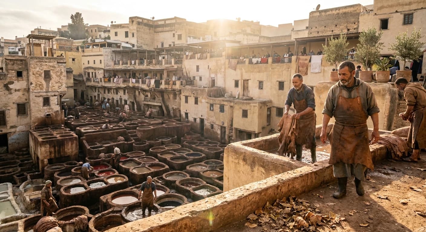 Iconic Chouara Tannery in Fez medina with colorful dye vats at golden hour