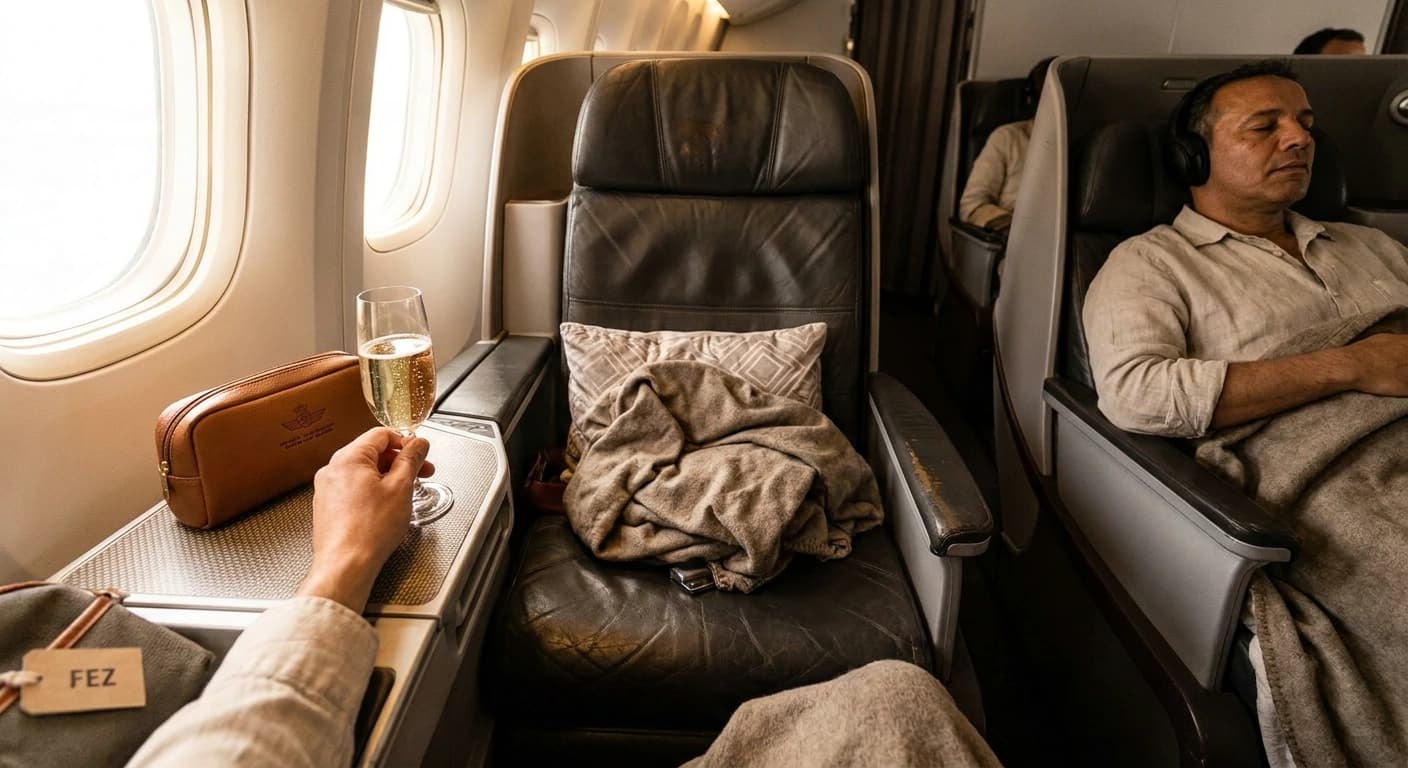 Business class lie-flat cabin with premium amenities on a transatlantic flight to Morocco