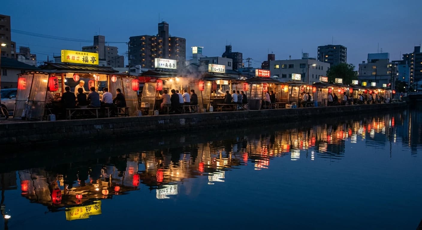 Yatai food stalls glowing along the Naka River at night