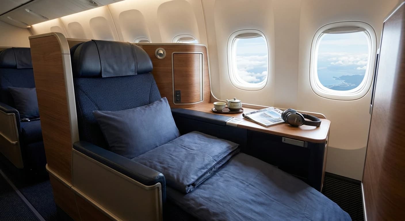 Lie-flat business class seat on flight to Fukuoka