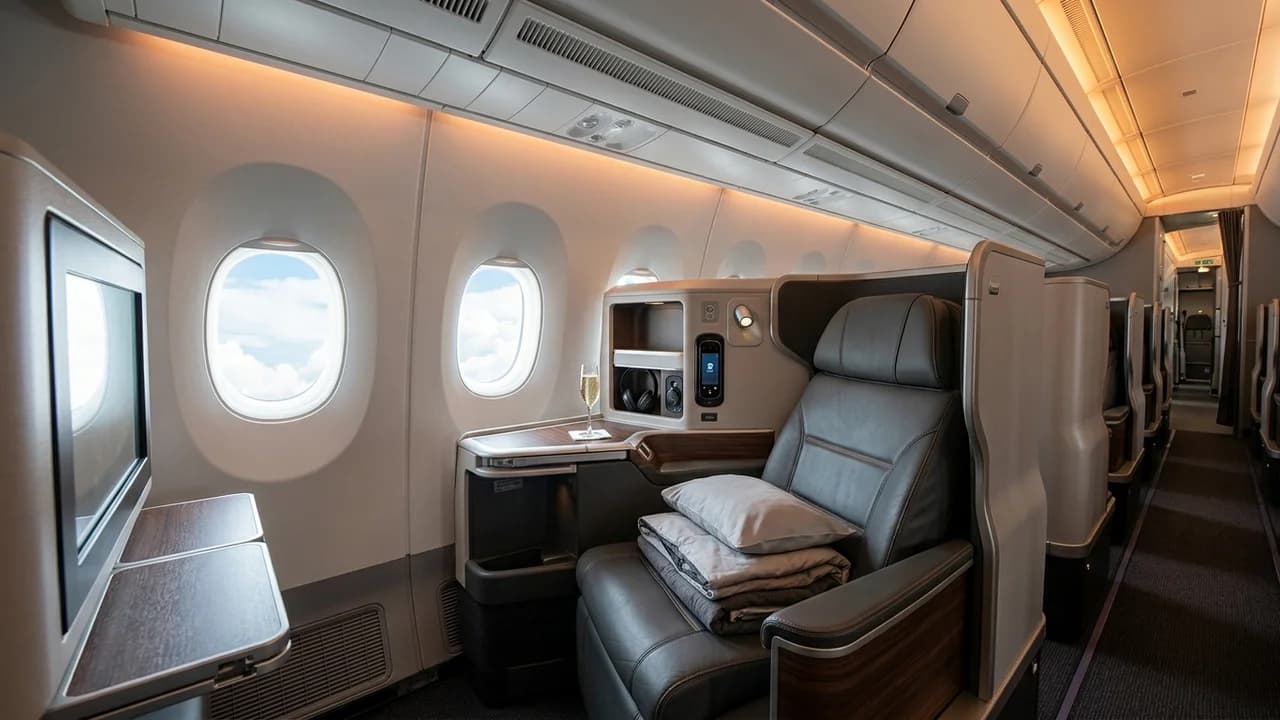 Fiji Airways business class cabin with lie-flat suite and premium amenities