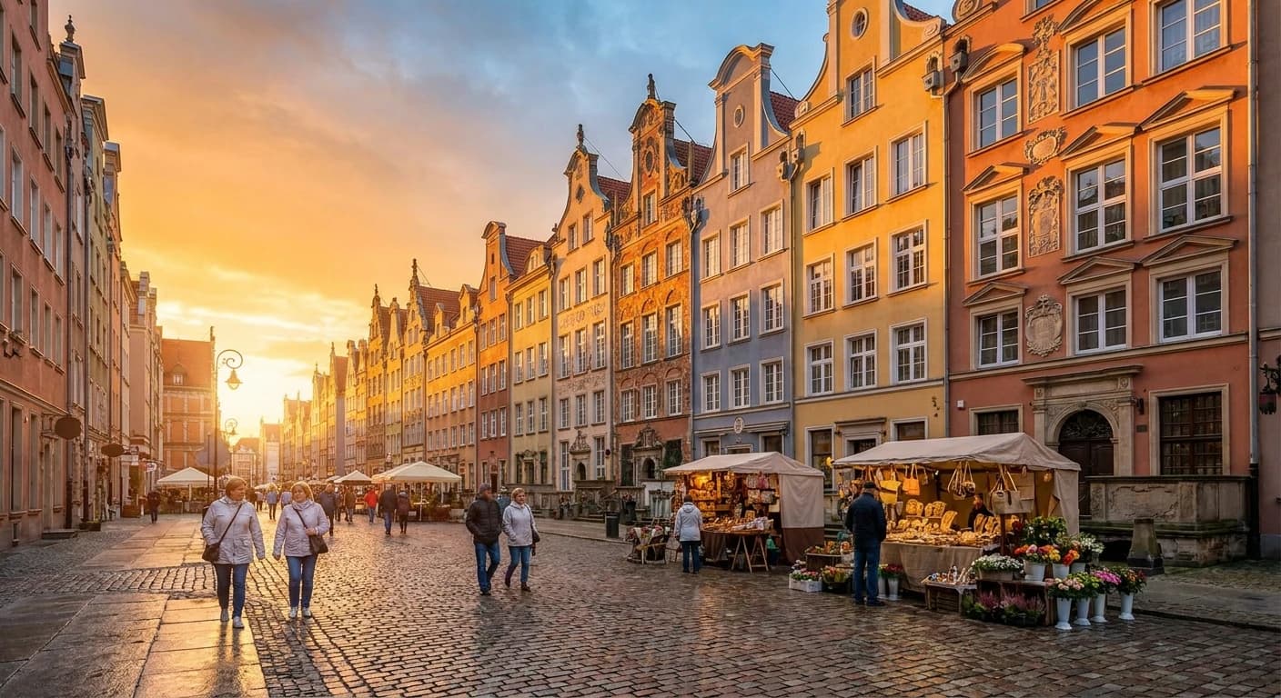 Colorful Hanseatic merchant houses along the Long Market in Gdansk at golden hour