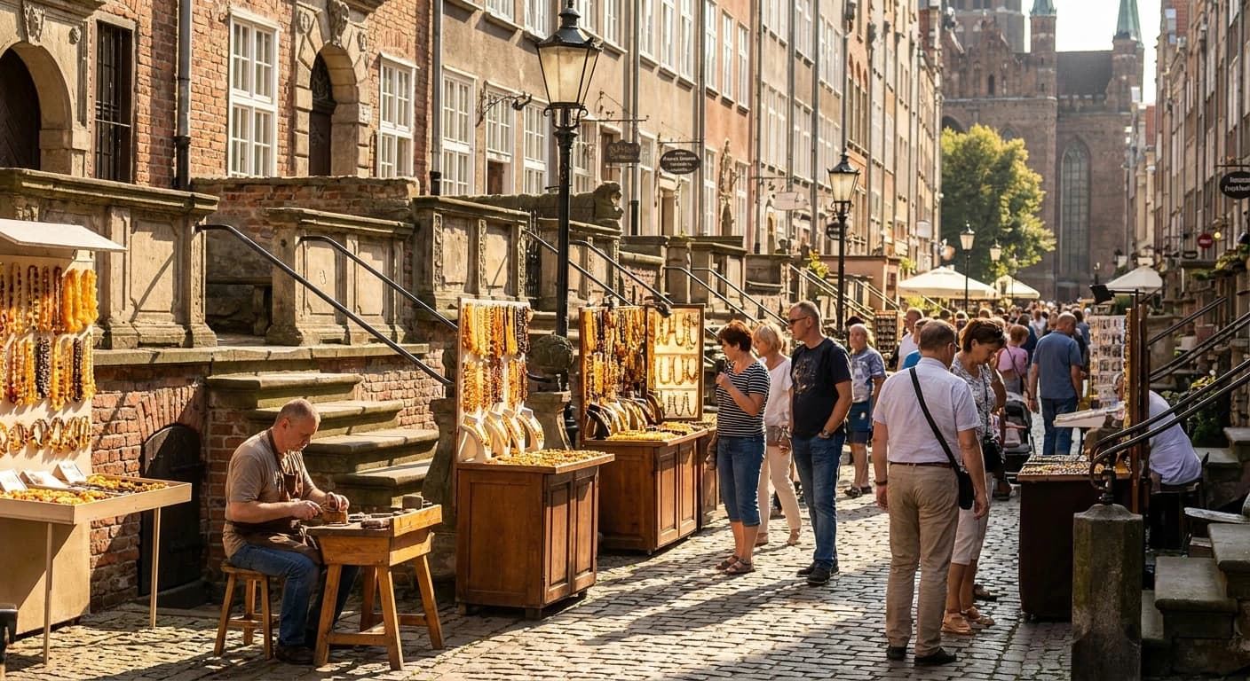 Amber jewelry workshop and boutique shopping on Mariacka Street in Gdansk