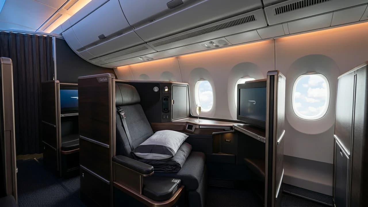 British Airways business class cabin with lie-flat suite and premium amenities