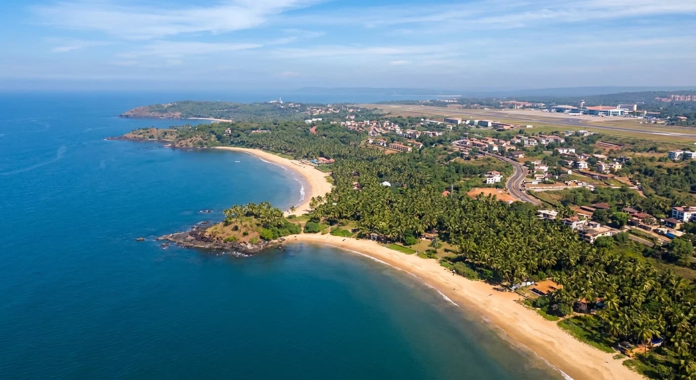 Aerial view of Goa coastline approaching the airport