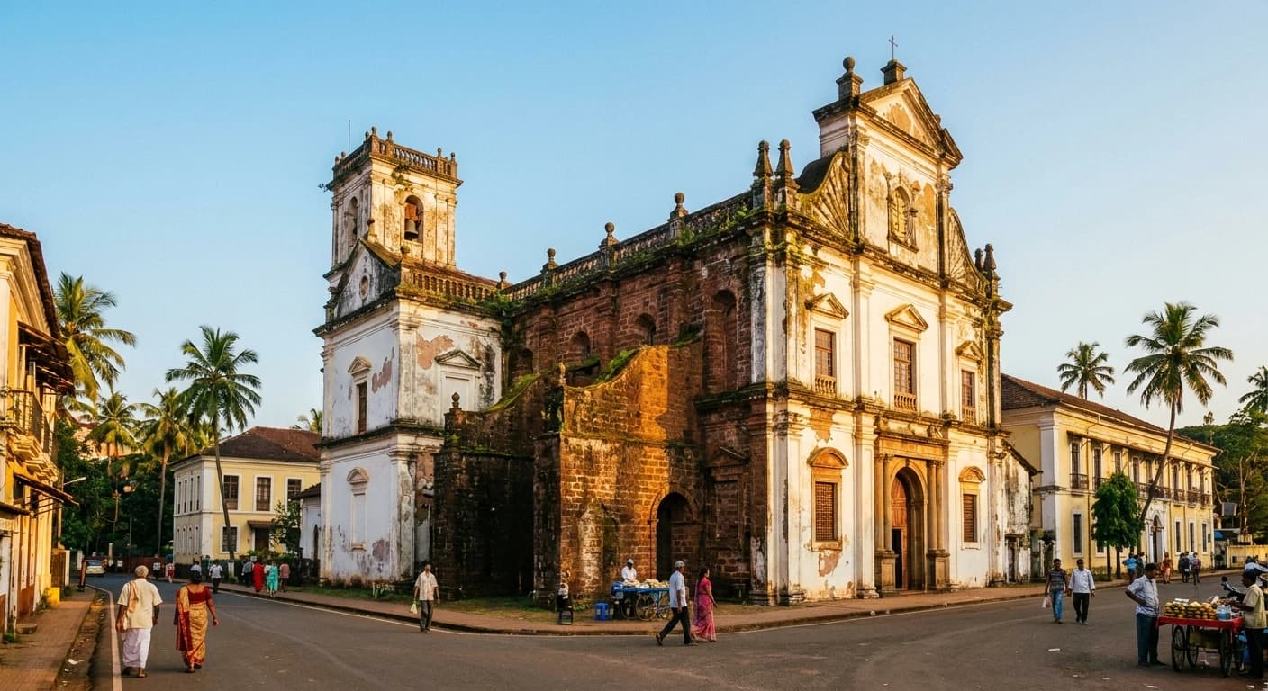 Historic Portuguese church architecture in Old Goa at golden hour