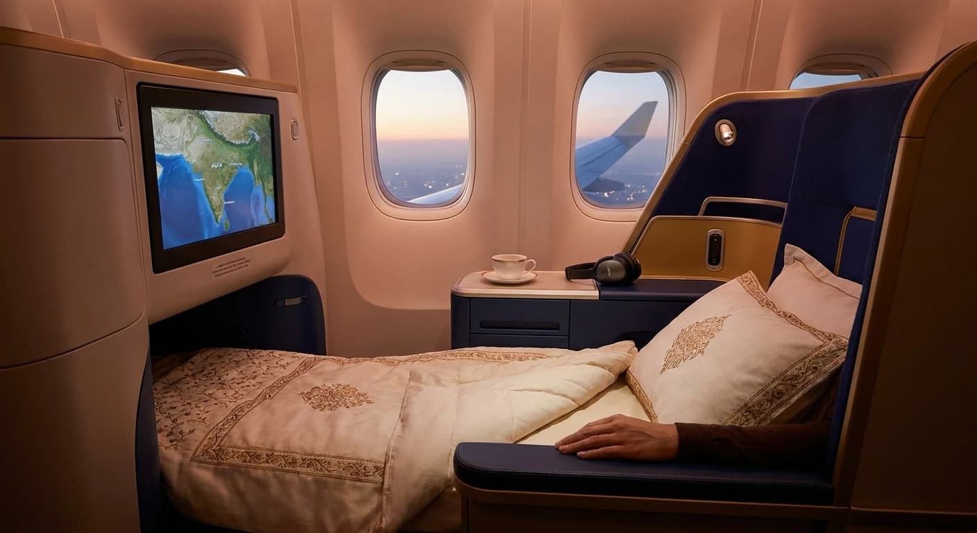Premium business class cabin with lie-flat suite configured for overnight flight to India