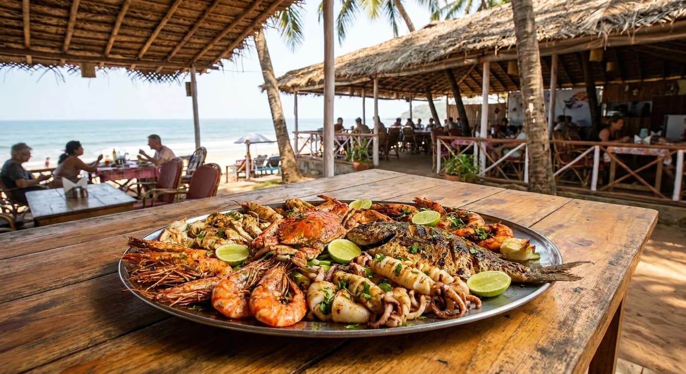 Fresh Goan seafood platter served at a beachside restaurant