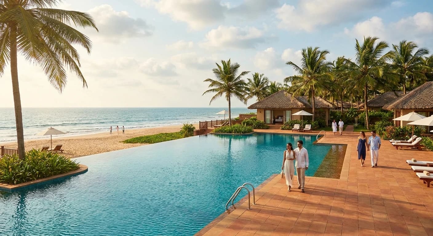 Luxury beachfront resort with infinity pool overlooking the Arabian Sea in Goa