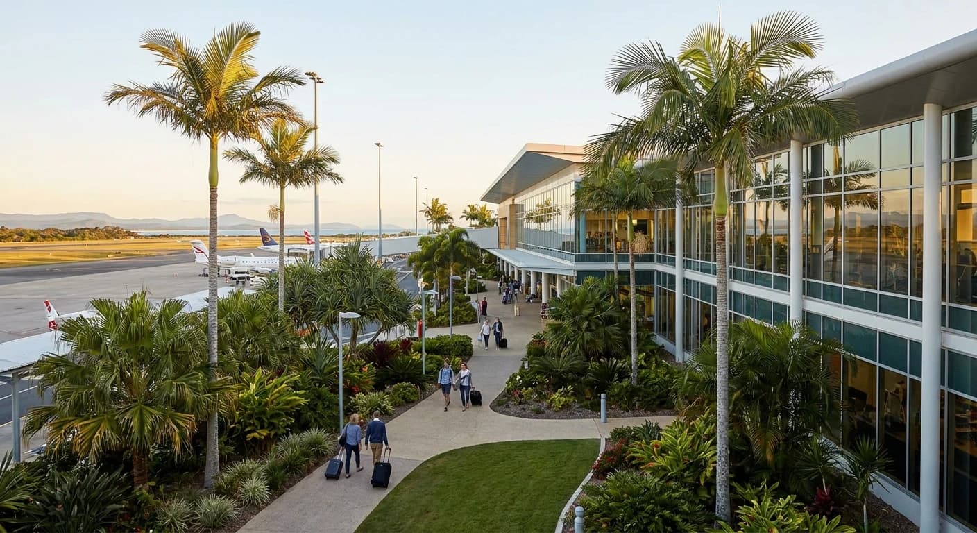 Gold Coast Airport terminal with tropical surroundings