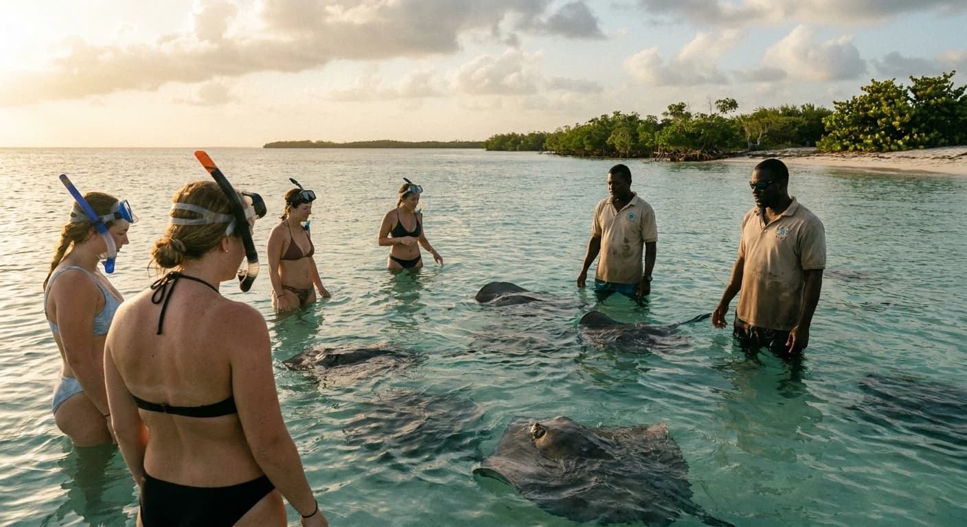 Stingray City shallow water sandbar in Grand Cayman with crystal-clear Caribbean water