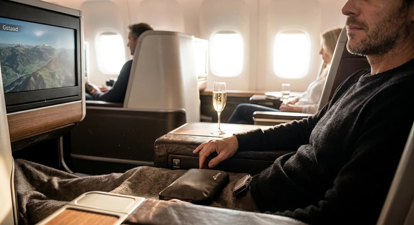 Swiss Business Class lie-flat suite with premium amenities and Swiss culinary service