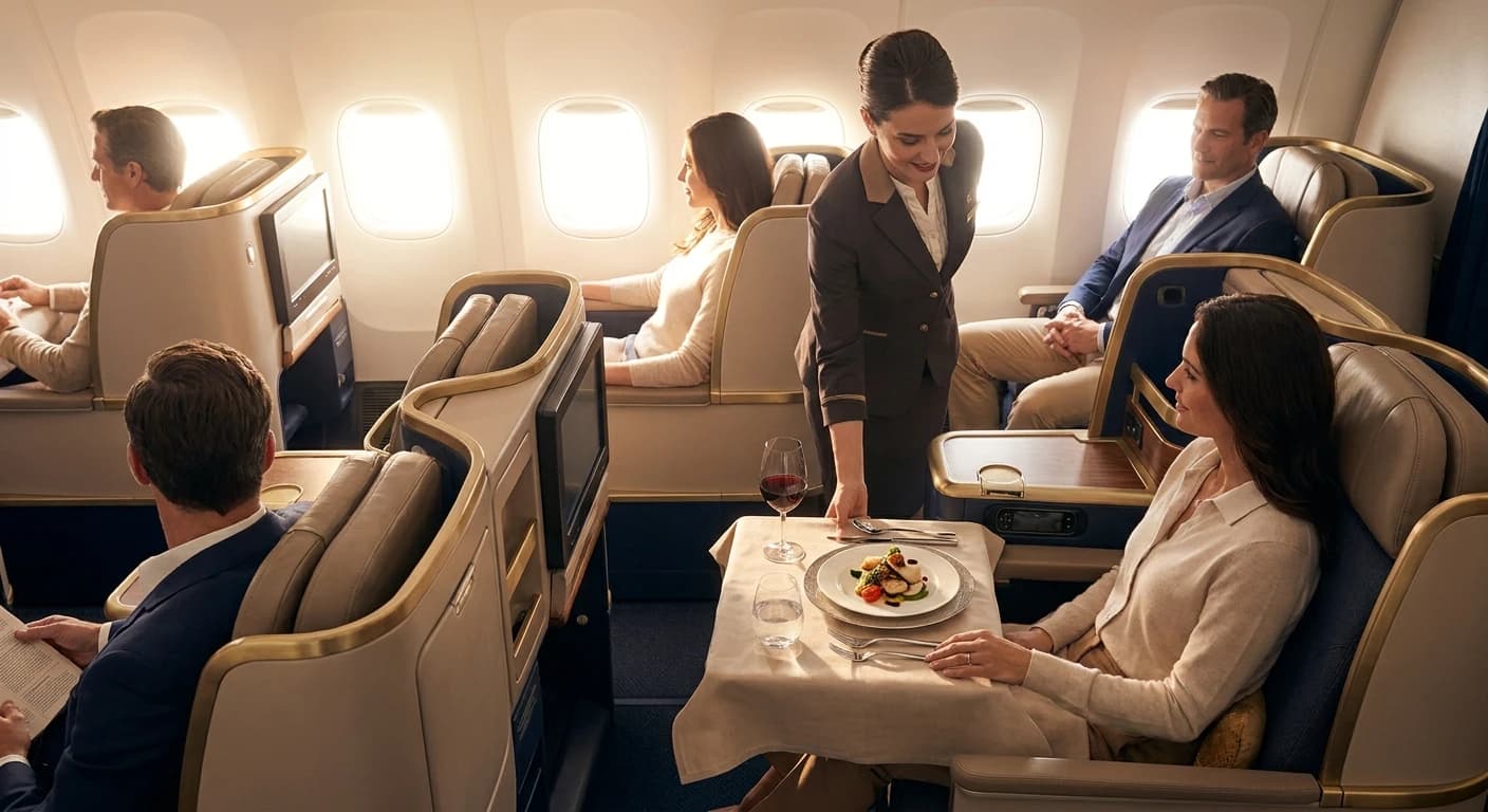 Premium business class cabin with wide seats and elevated dining service